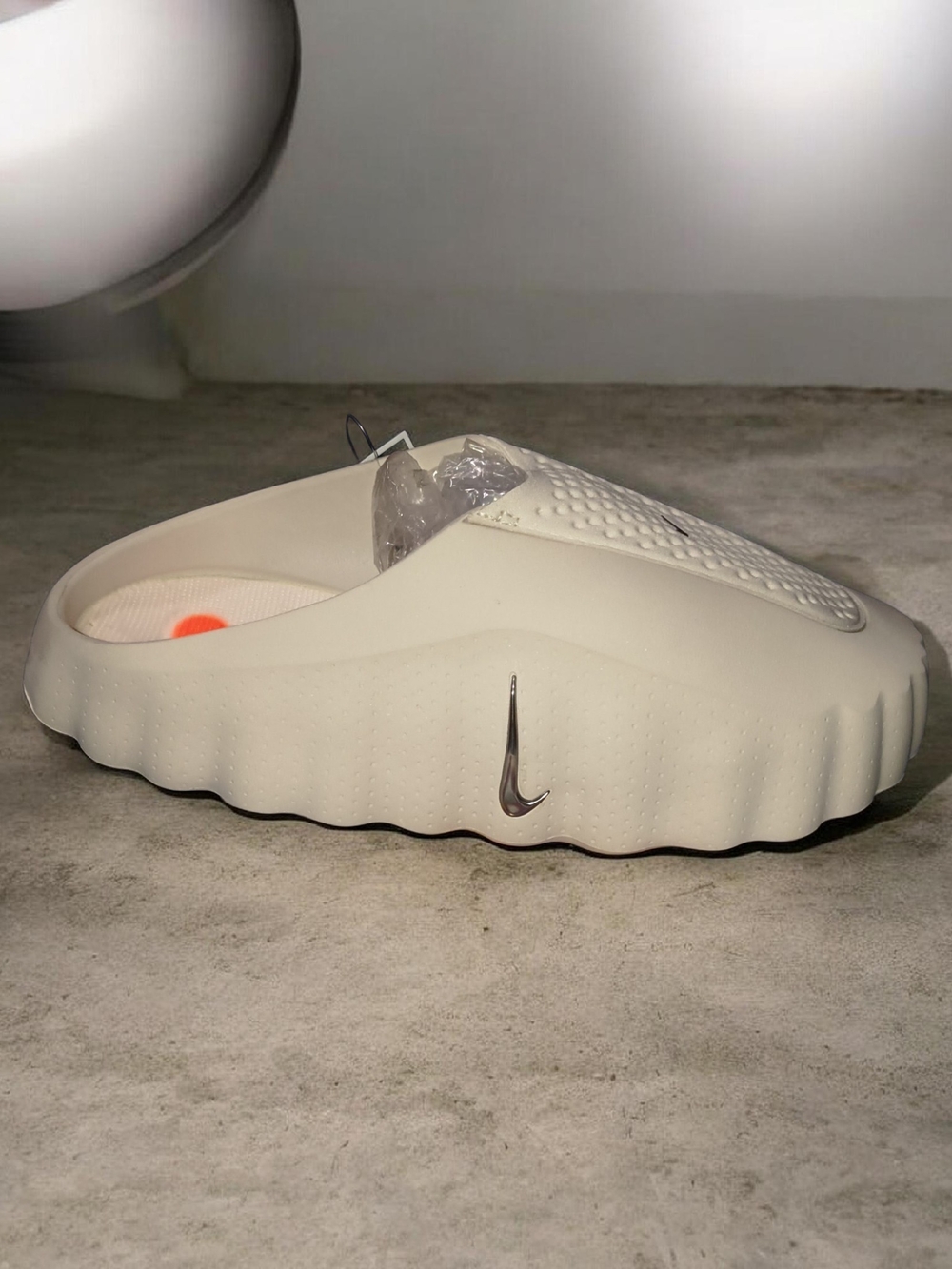 Nike Mind Cream Slide Clog with Silver Swoosh